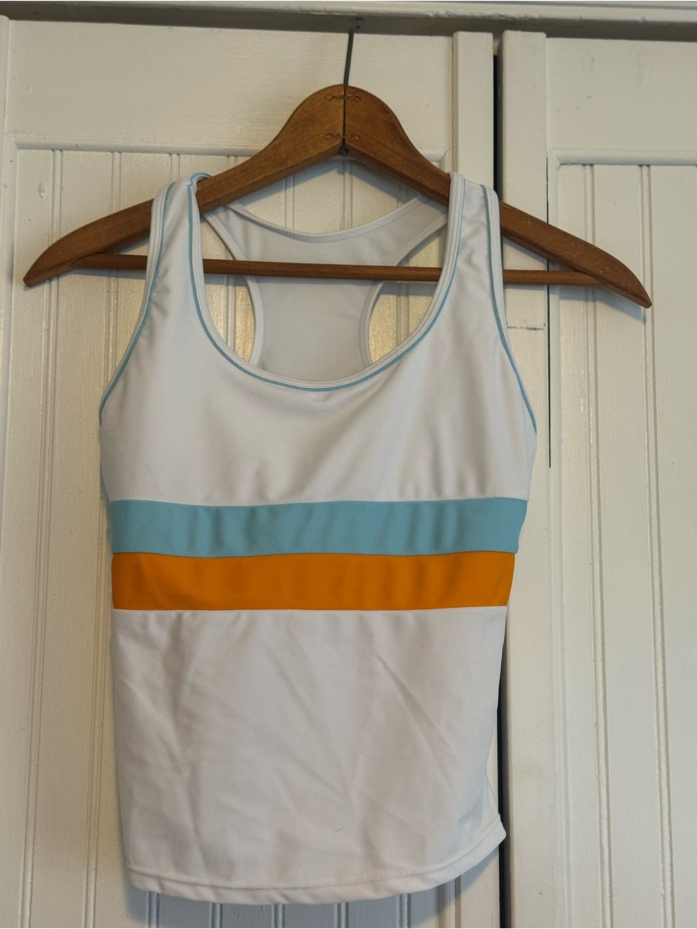 Kids White Tankini Top with Aqua and Orange Stripes